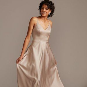 NWT Davids Bridal spaghetti strap satin a-line long bridesmaid dress